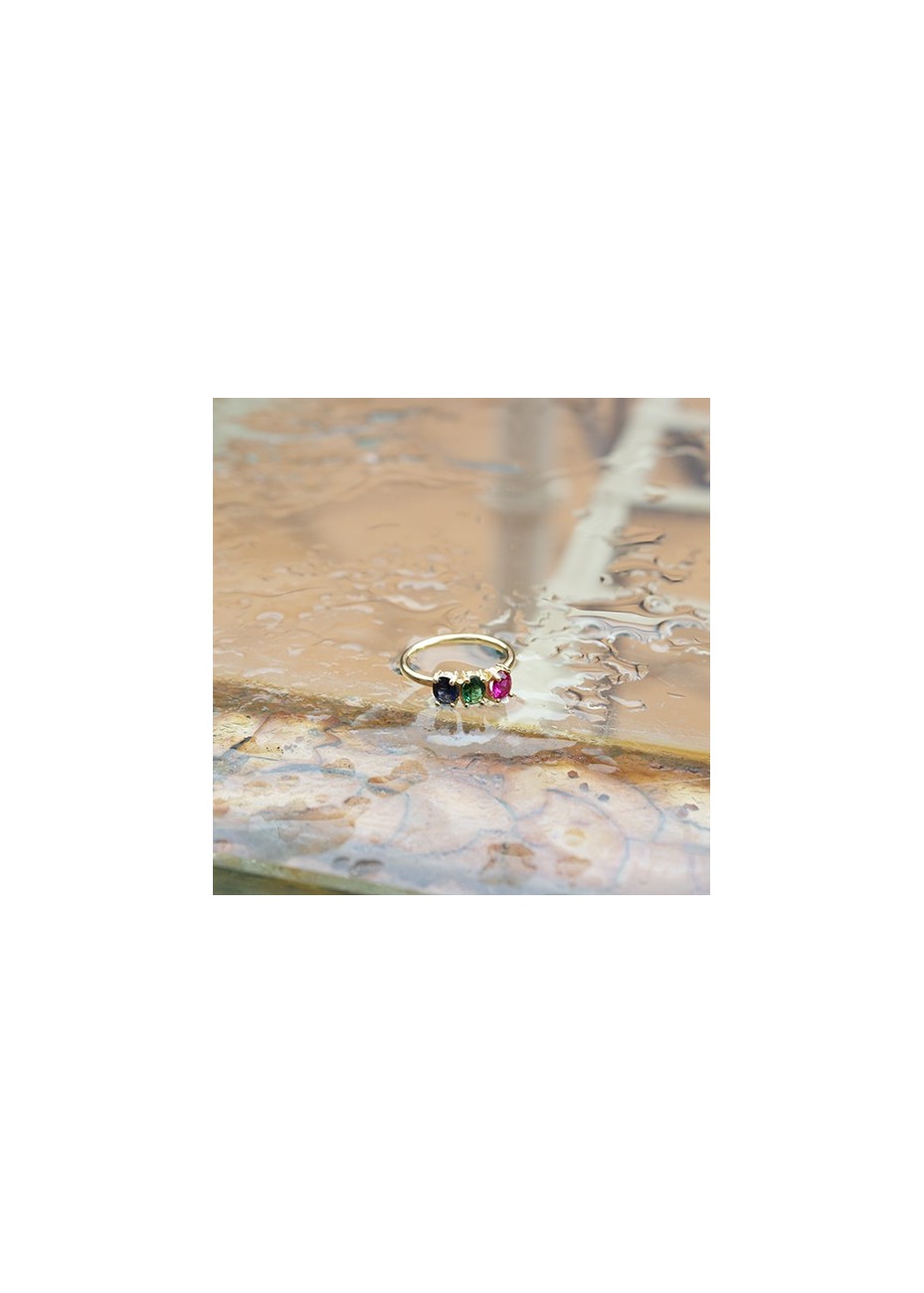 Anillo en Plata Trio Rubí, Zafiro y Esmeralda Sintéticos Gold
