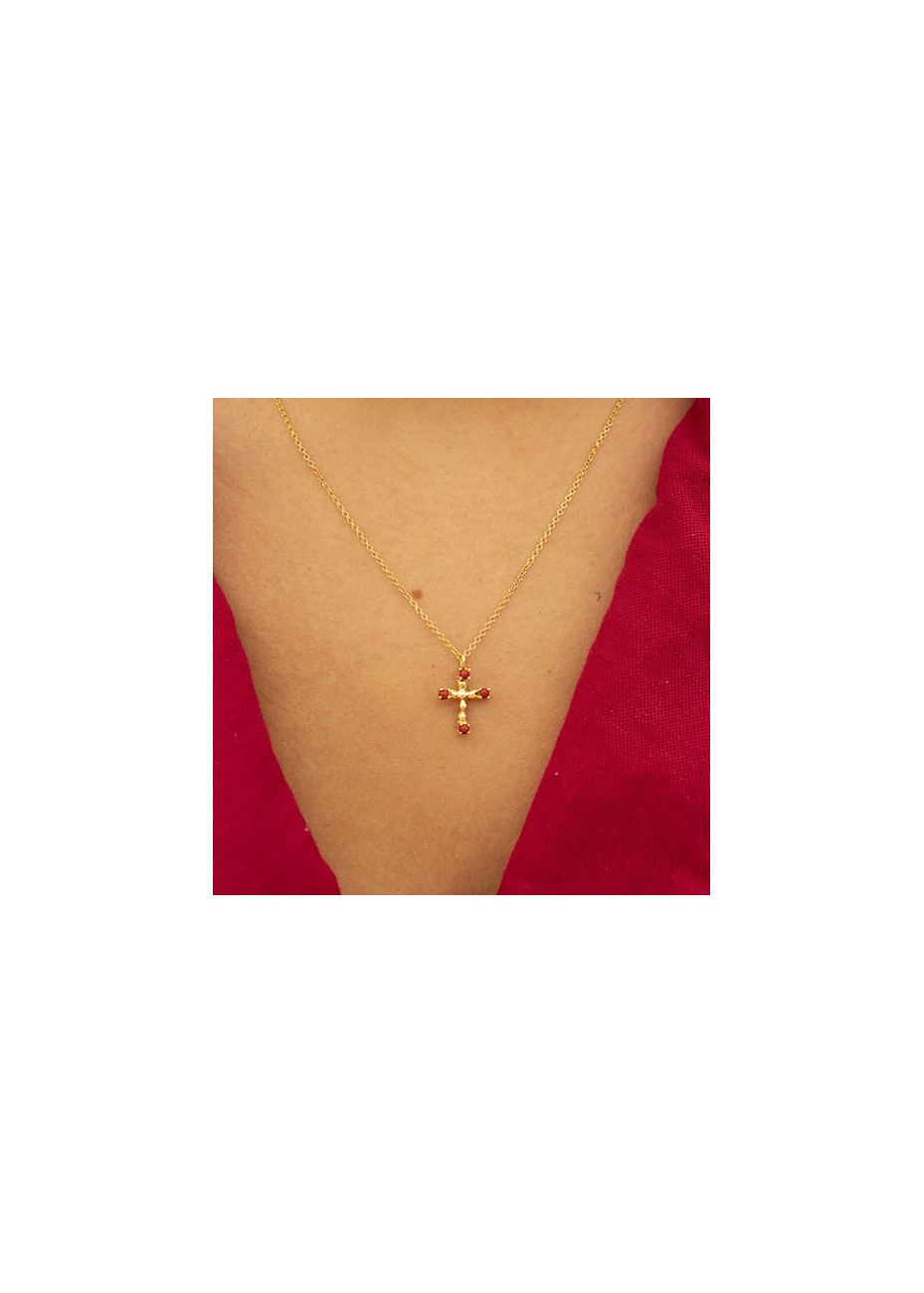 Colgante Cruz Bolas y Cadena con Coral Cabujón Gold