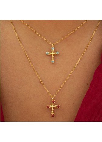 Colgante Cruz Bolas y Cadena con Coral Cabujón Gold